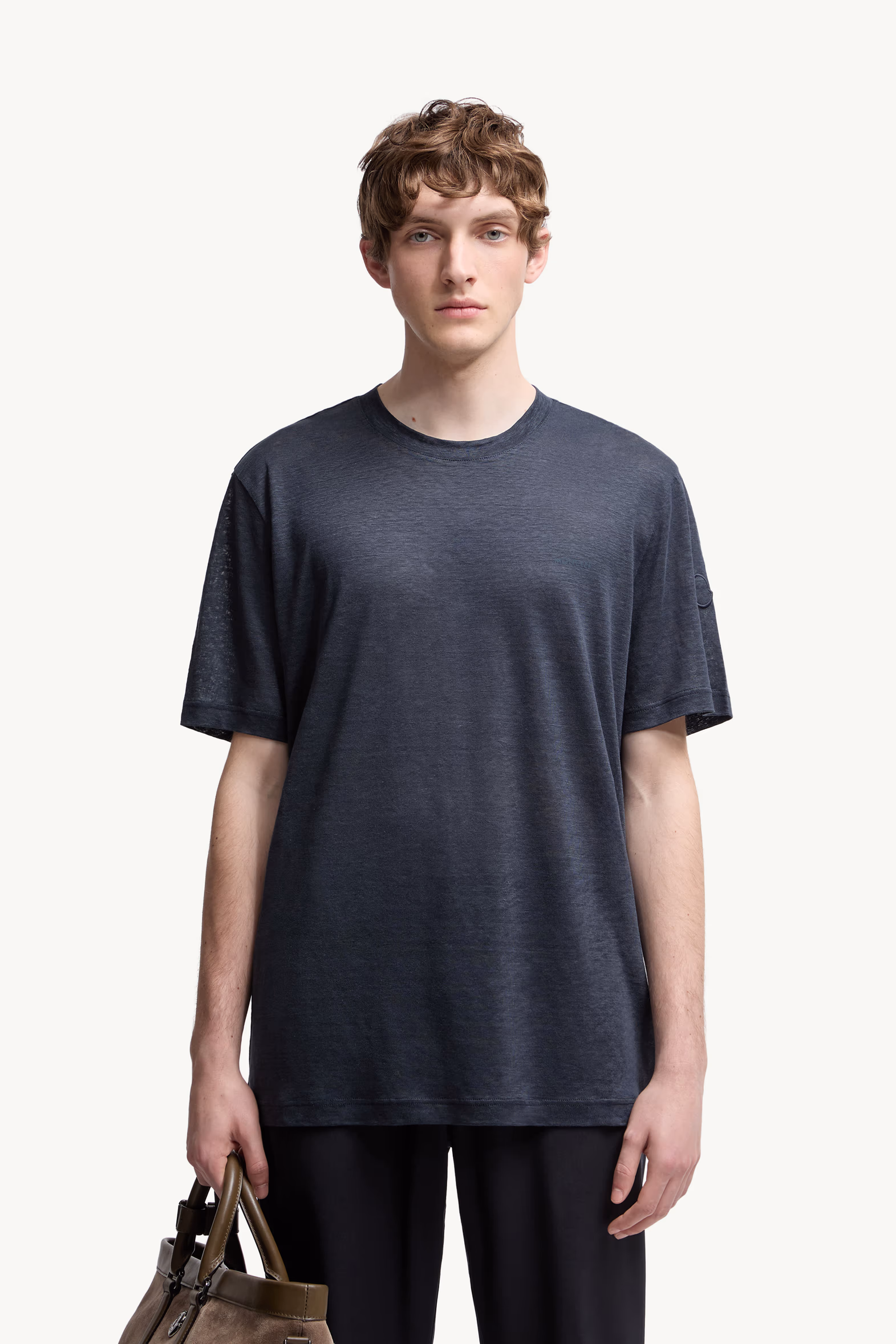 Logo Linen T-Shirt Men Dark Blue Moncler 0